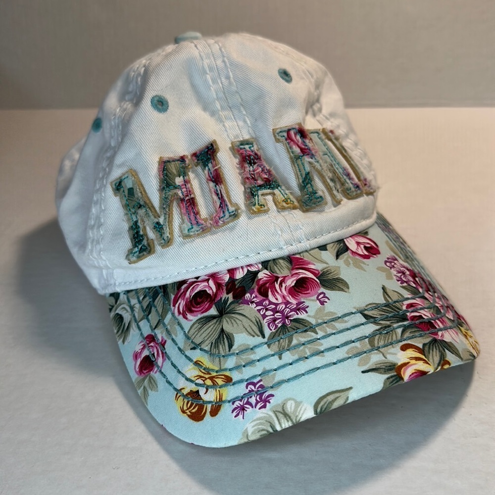 🔵 MIAMI Ball Cap Hat With Floral Brim And Adjustable Velcro Strap